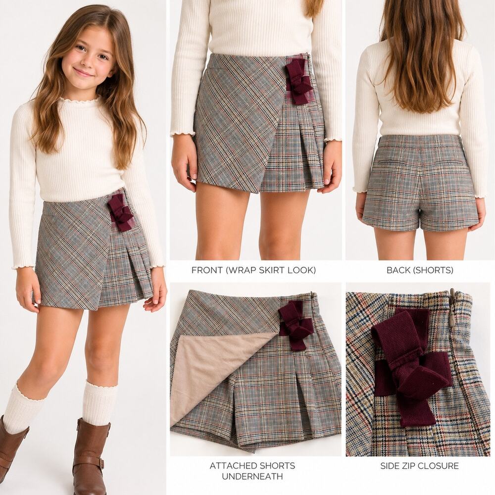Zara Girls Plaid Skort with Burgundy Bow Detail tartan fall preppy 9